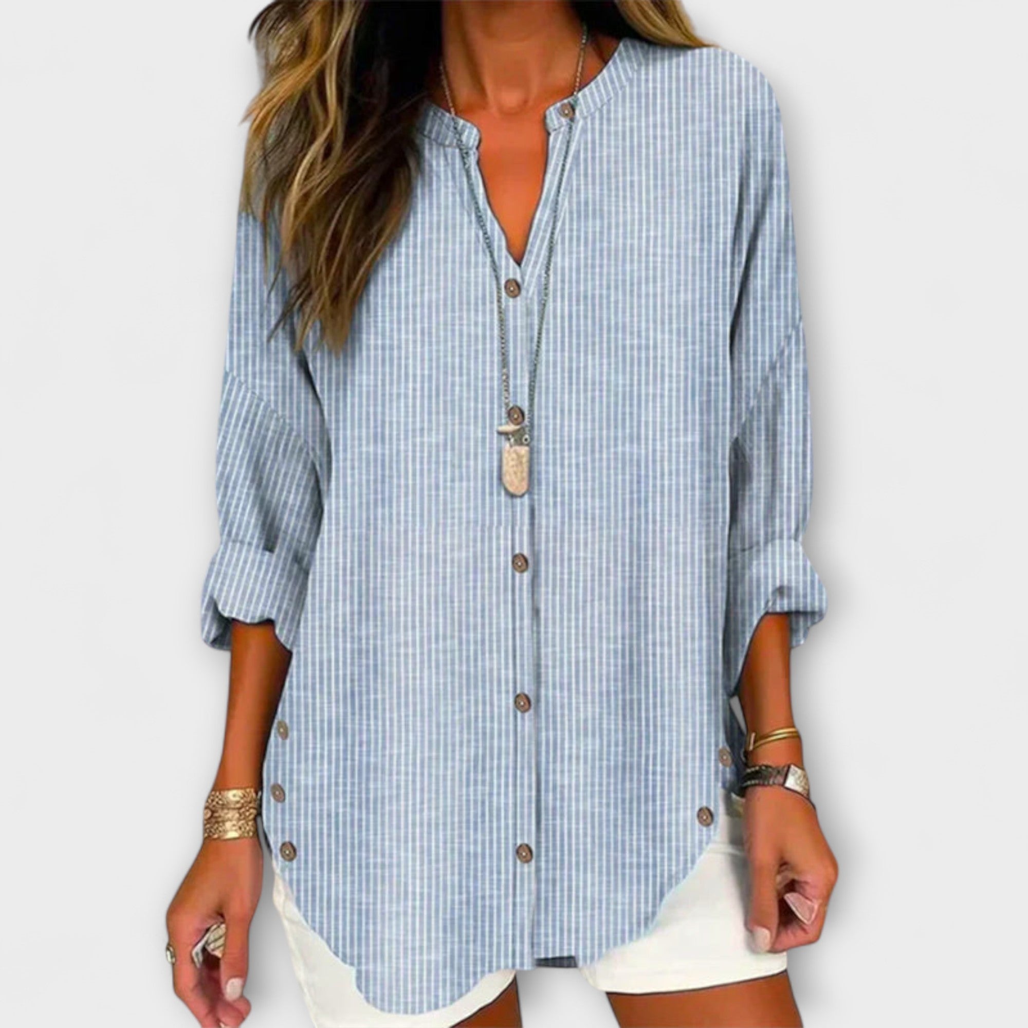 Lucida – Stylish V-Neck Top with Classic Striped Pattern