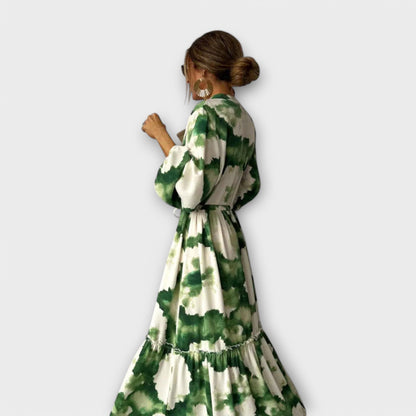 Melina - Green long-sleeved maxi dress with a v-neck